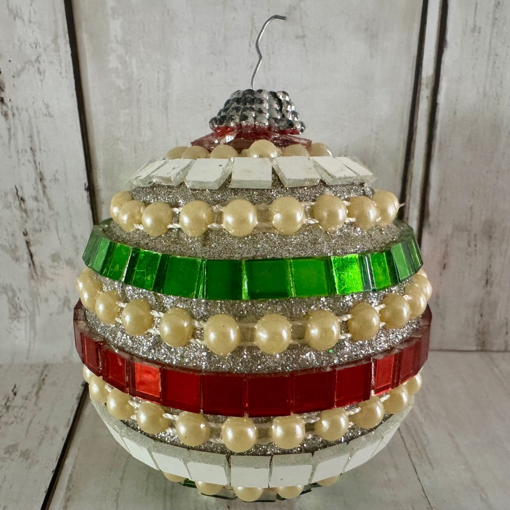 Vintage Handmade Mosaic Christmas Disco Ball Ornament Red Green Faux Pearl